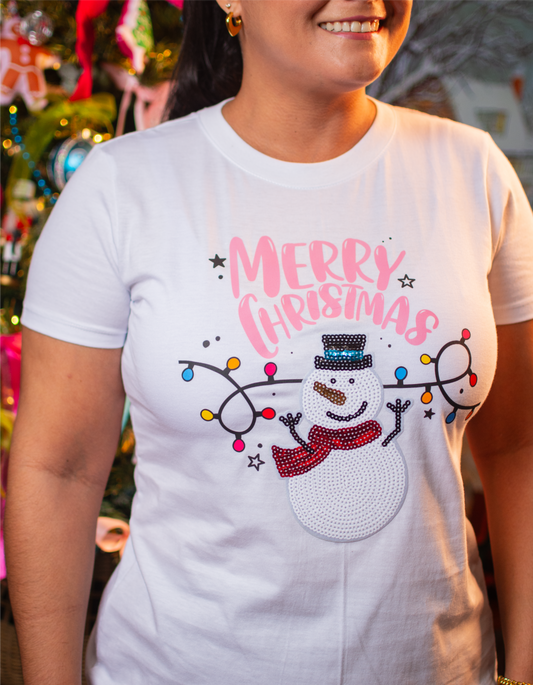 Hombre de Nieve Lentejuelas Navidad Camiseta Mujer